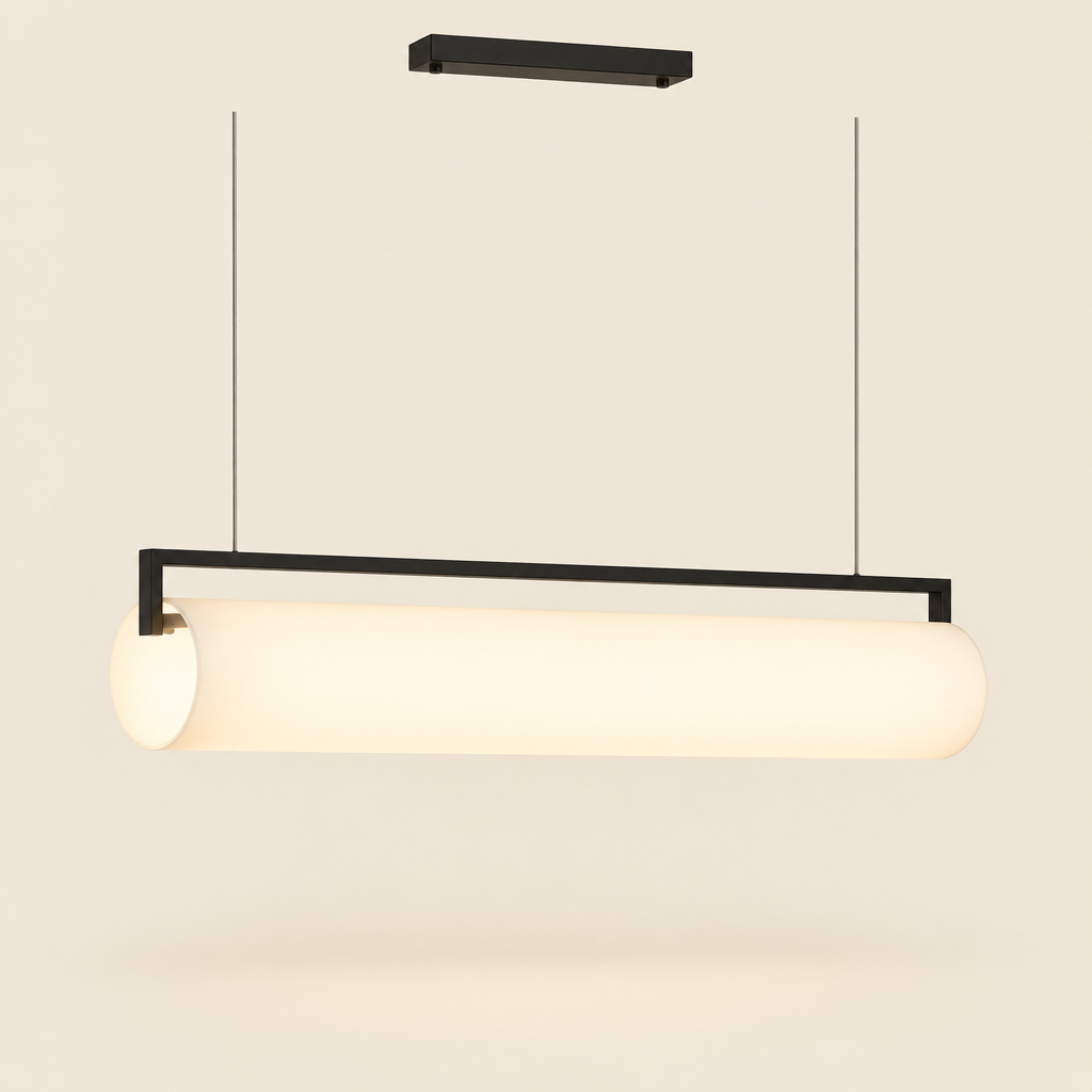 Quantock Opal Tube Linear Pendant Light – switched on, studio view