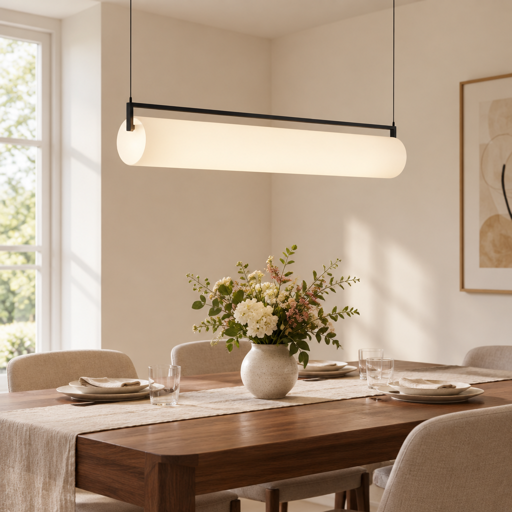 Quantock Opal Tube Linear Pendant Light – above a dining table