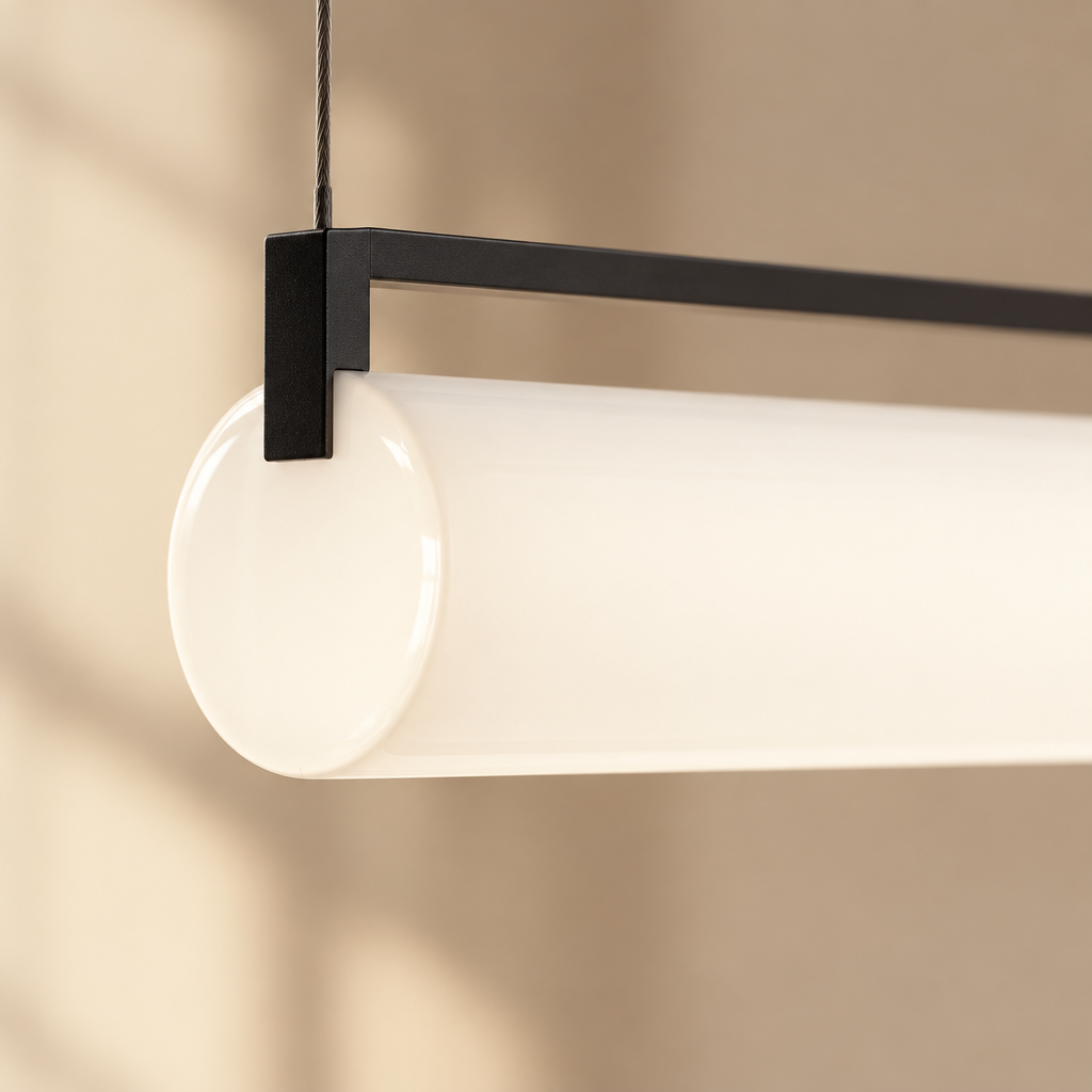 Quantock Opal Tube Linear Pendant Light – close-up of the opal tube end
