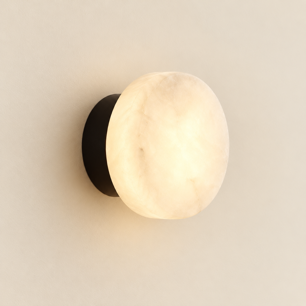 Radley Alabaster-Effect Wall Light – studio photo, lit, on a cream background