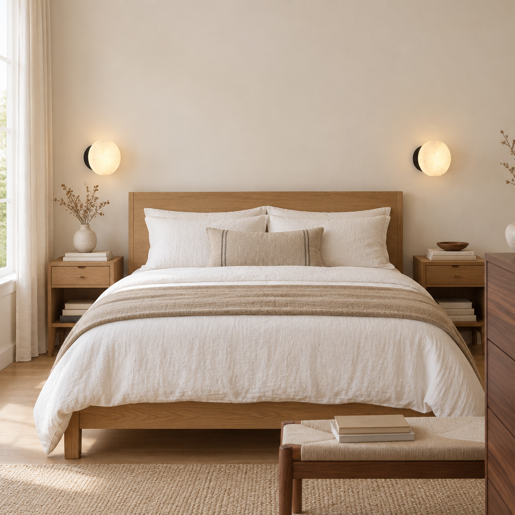 Radley Alabaster-Effect Wall Light – a pair beside a bed
