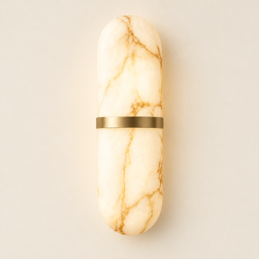 Rievaulx Alabaster-Effect Wall Light – switched on, studio view