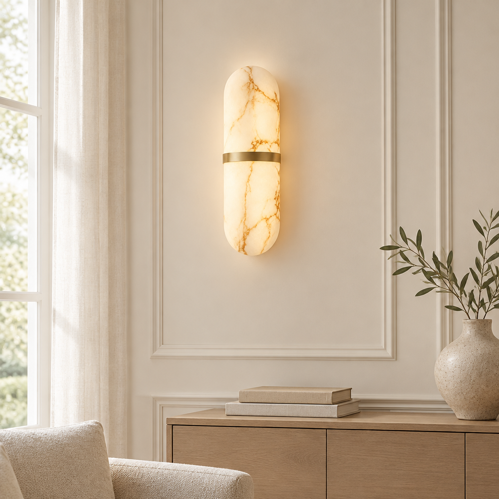 Rievaulx Alabaster-Effect Wall Light – on a panelled living-room wall