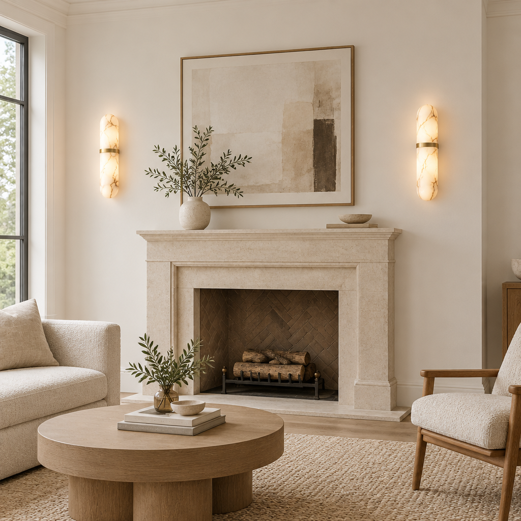 Rievaulx Alabaster-Effect Wall Light – a pair beside a fireplace