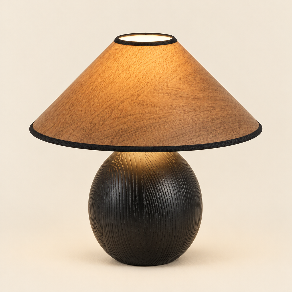 Romsey Wood Table Lamp – switched on, studio view