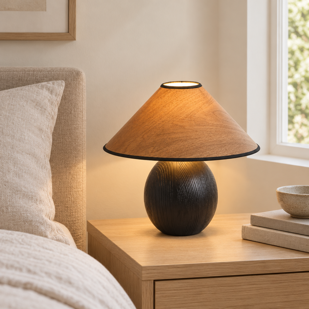 Romsey Wood Table Lamp – on an oak bedside table