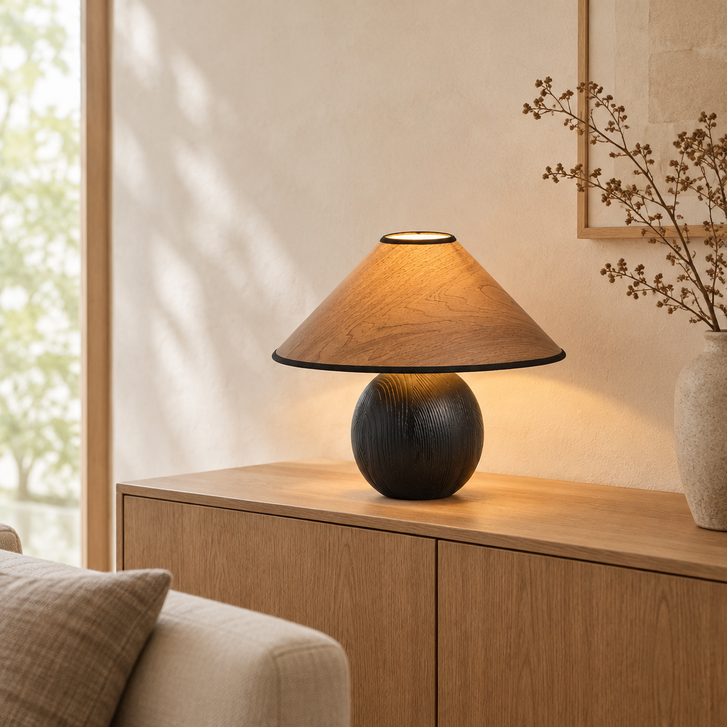 Romsey Wood Table Lamp – on a Japandi sideboard