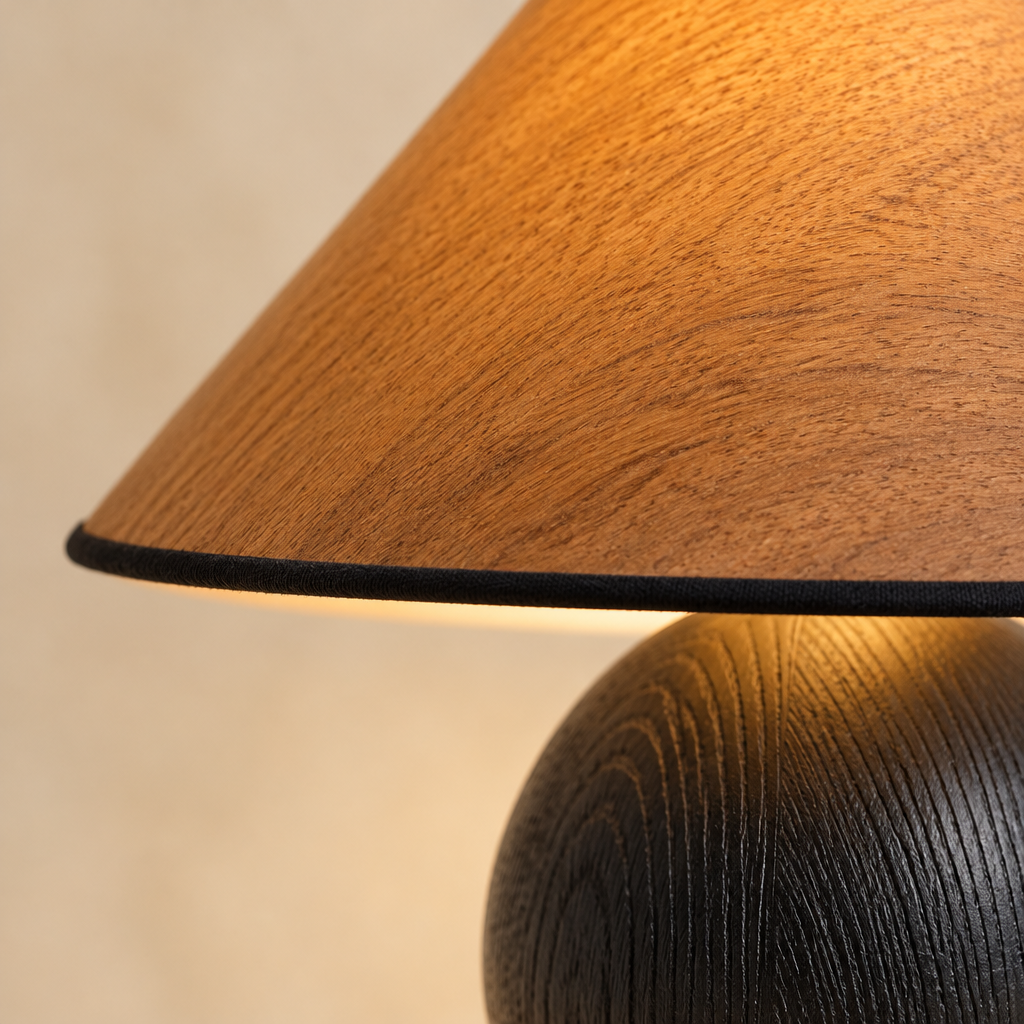 Romsey Wood Table Lamp – close-up of the wood-grain shade