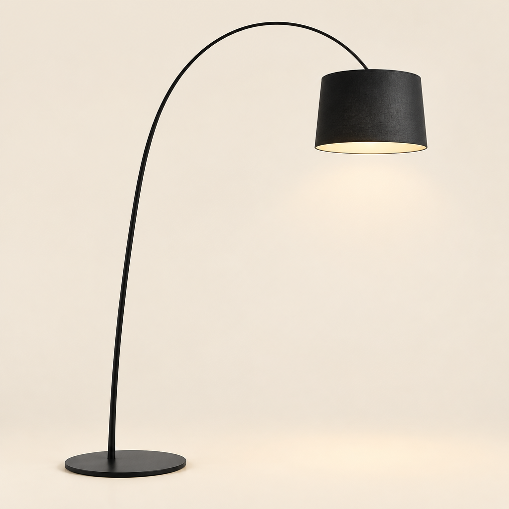 Rosedale Oversized Arc Floor Lamp – switched on, studio view