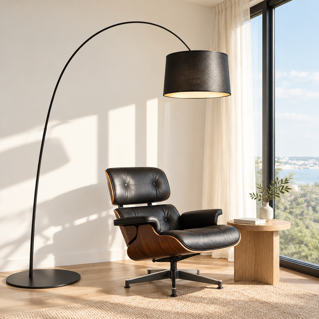 Rosedale Oversized Arc Floor Lamp – over a lounge chair
