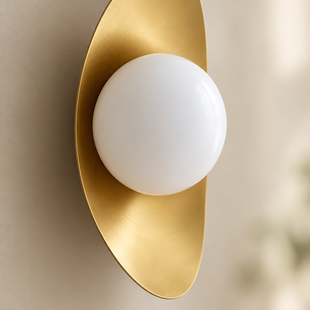 Rydal Opal Globe Wall Light – close-up of the opal globe and gold plate