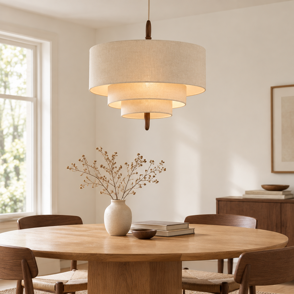 Seaton Tiered Fabric Pendant Light – over a round oak dining table