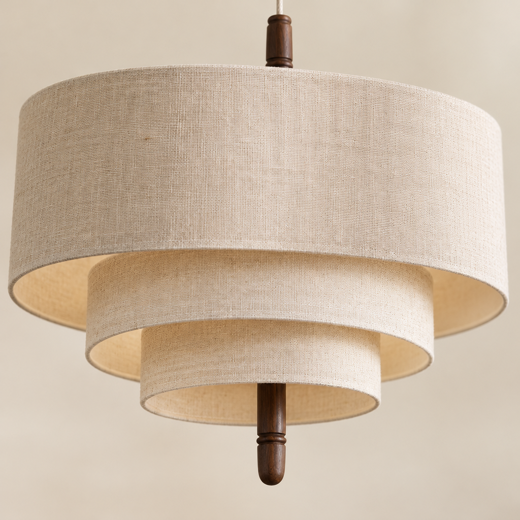Seaton Tiered Fabric Pendant Light – close-up of the fabric tiers and wood finial
