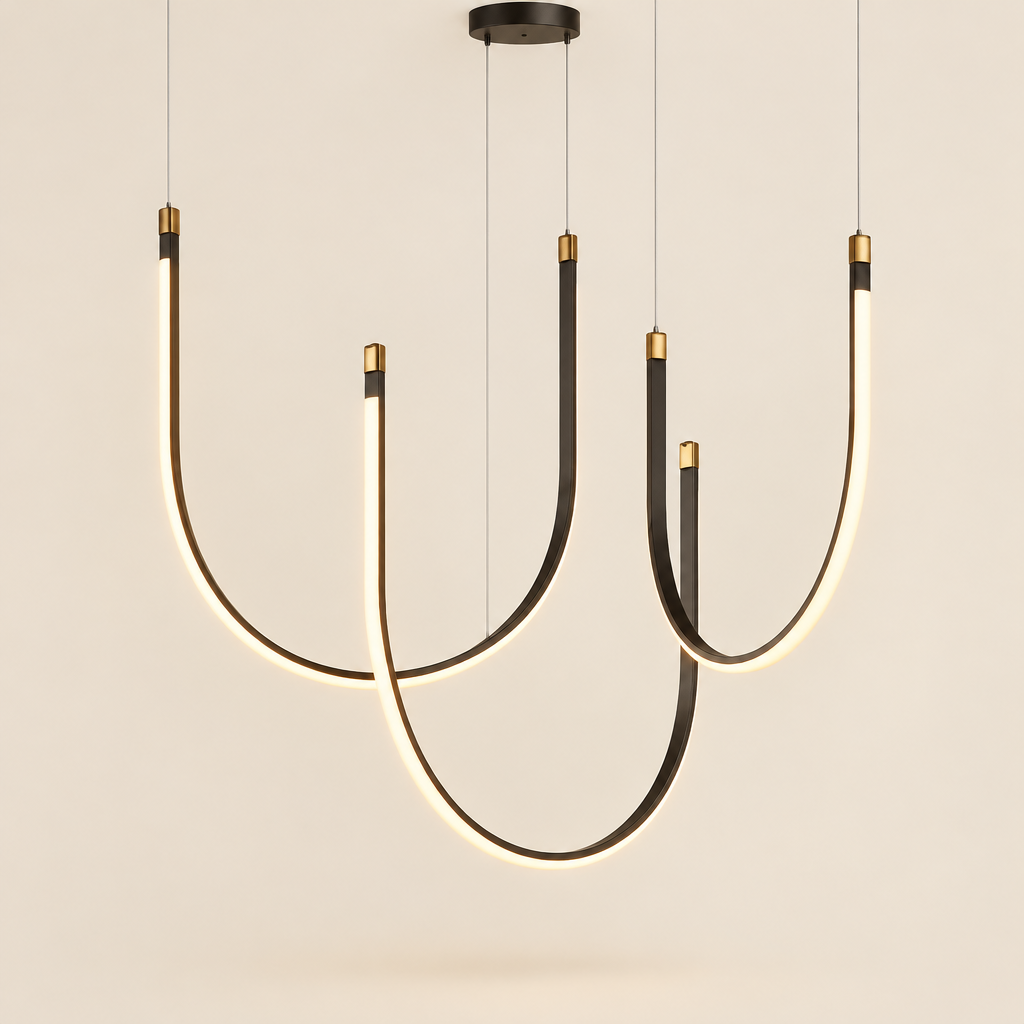 Shere U-Shaped Pendant Light – switched on, studio view