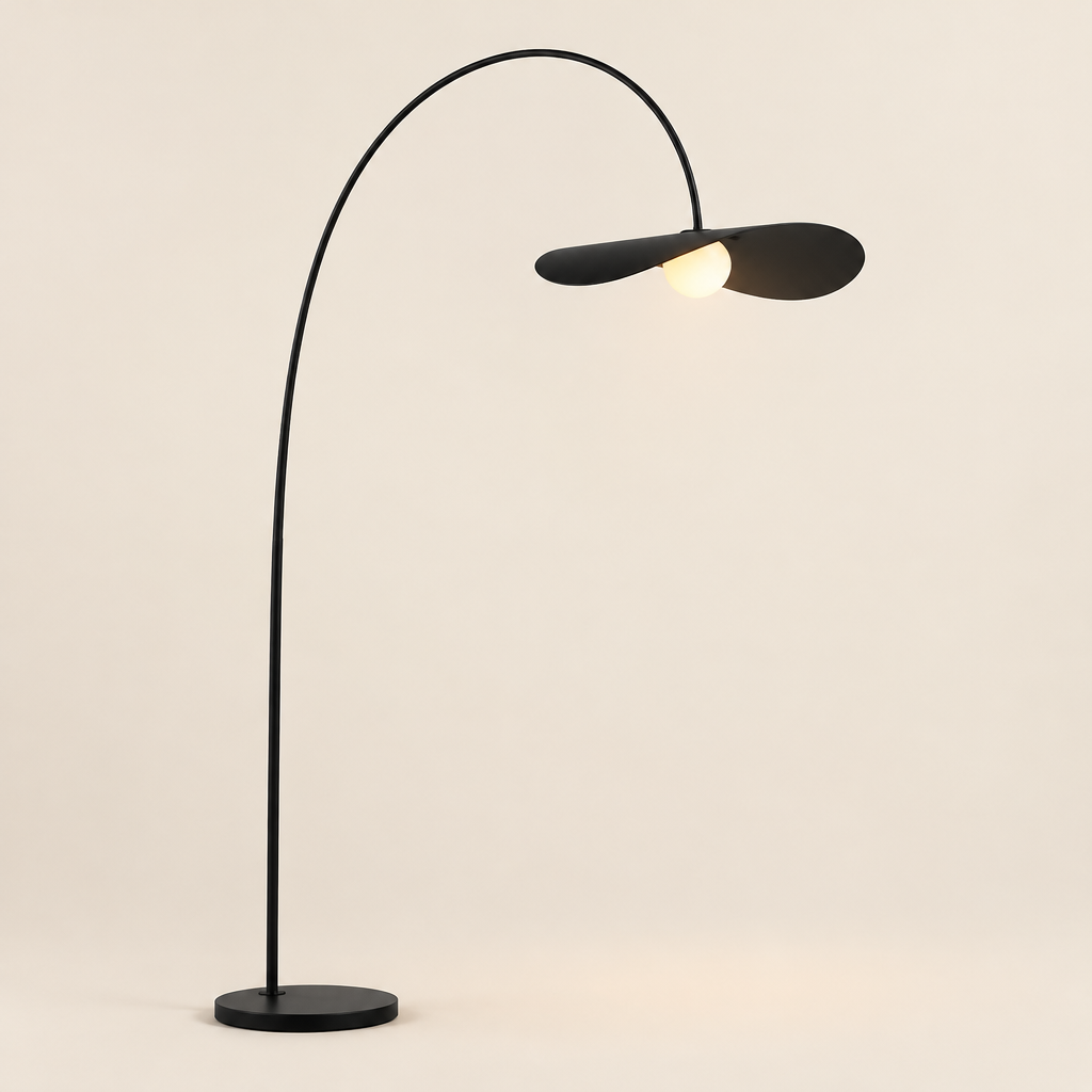 Shipton Arc Floor Lamp – studio photo, lit, on a cream background