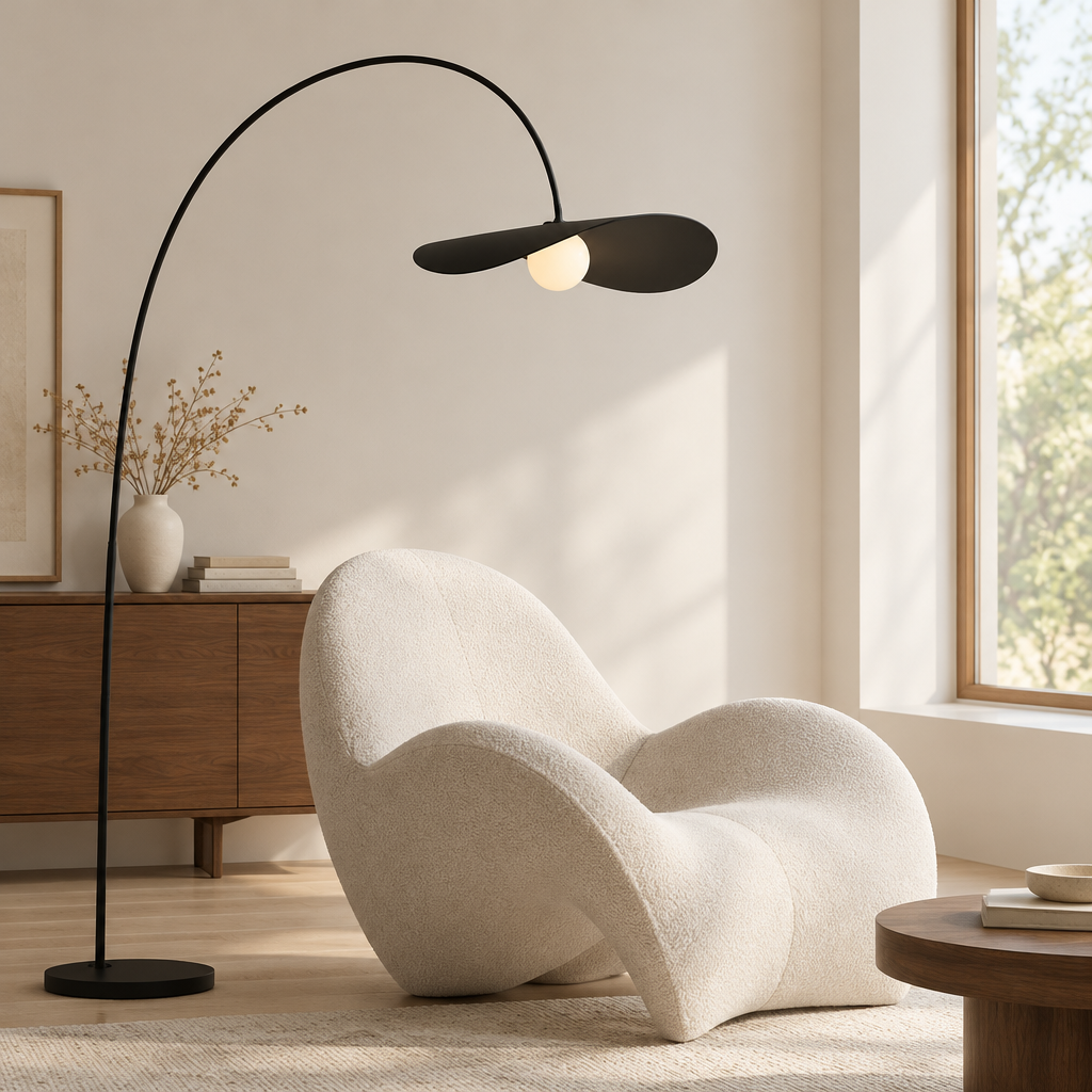 Shipton Arc Floor Lamp – arching over an armchair