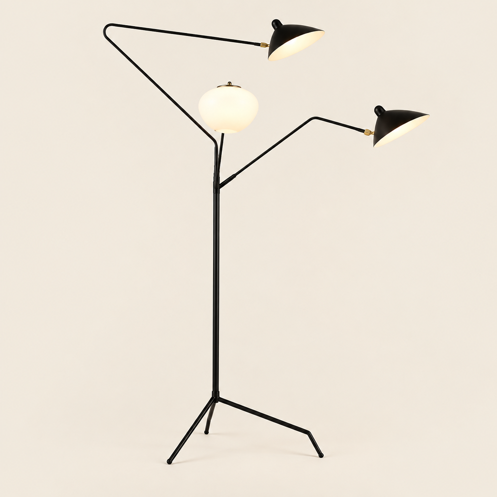 Skipton Three-Arm Floor Lamp – switched on, studio view