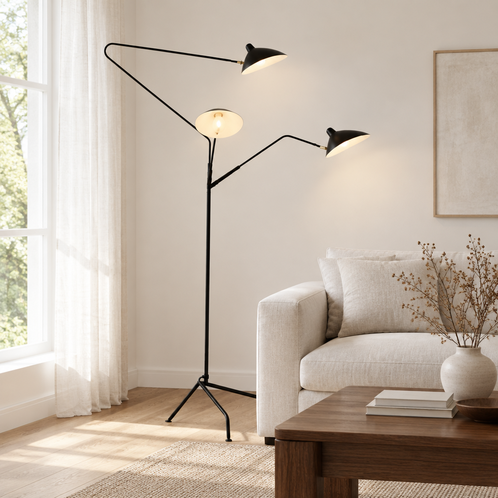 Skipton Three-Arm Floor Lamp – beside a sofa in a living room