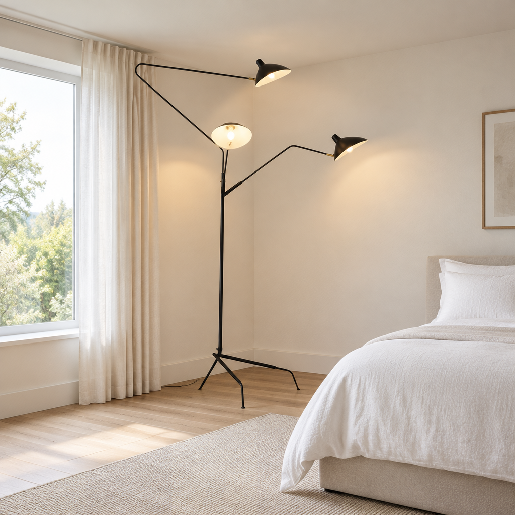 Skipton Three-Arm Floor Lamp – in a bedroom corner