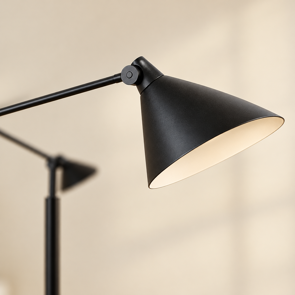 Skipton Three-Arm Floor Lamp – close-up of a cone reflector and arm joint