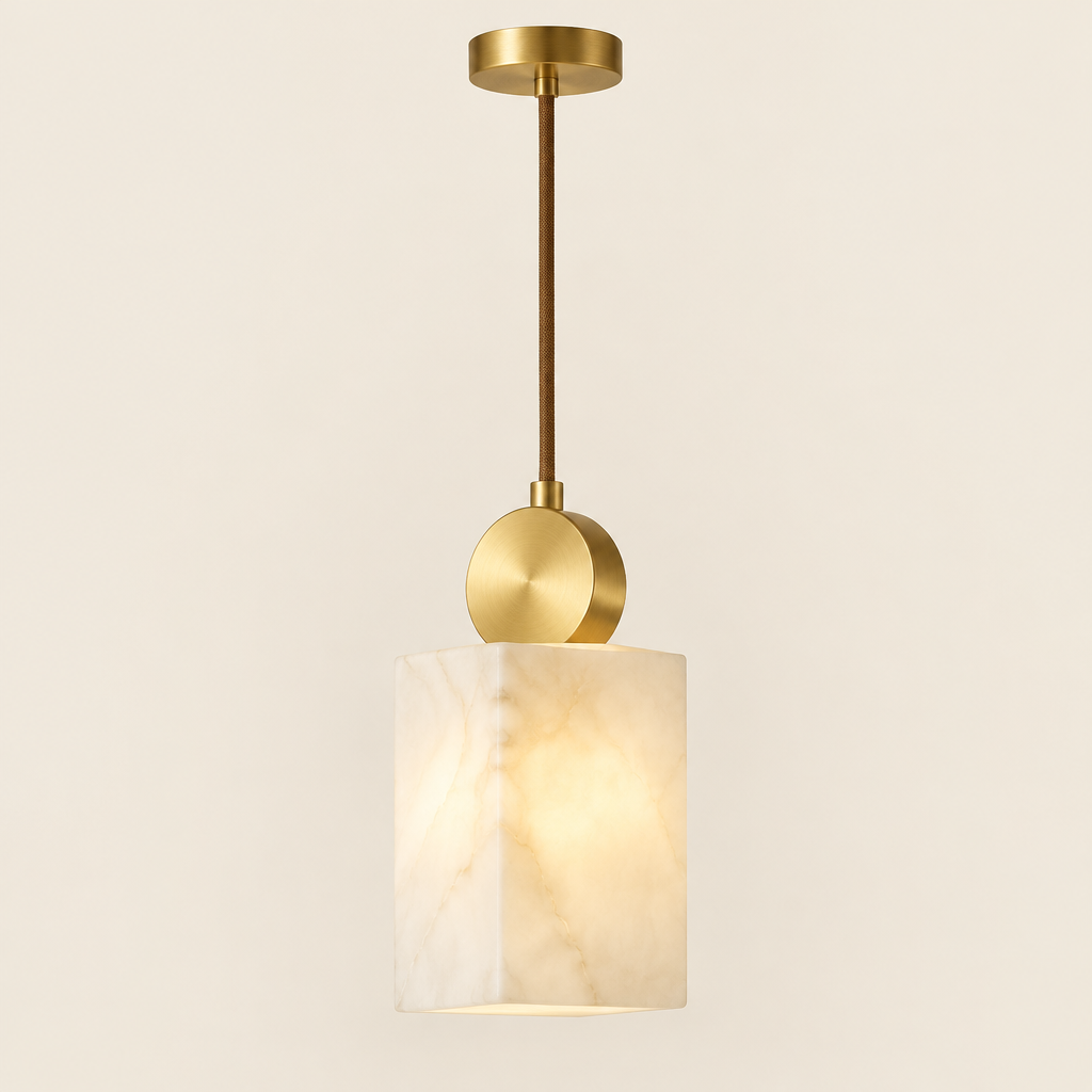 Staithes Alabaster-Effect Pendant Light – studio photo, lit, on a cream background