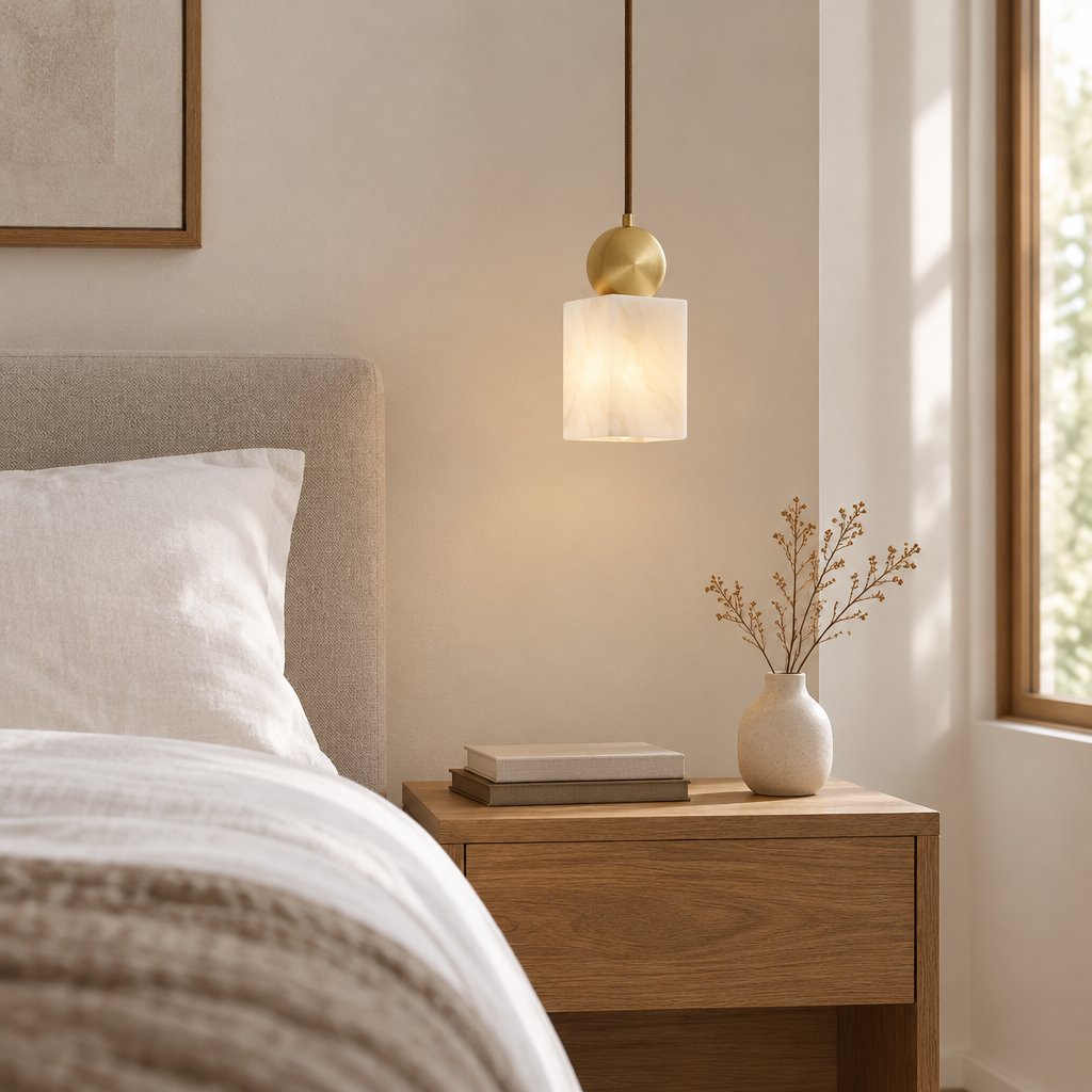 Staithes Alabaster-Effect Pendant Light – hanging beside a bed