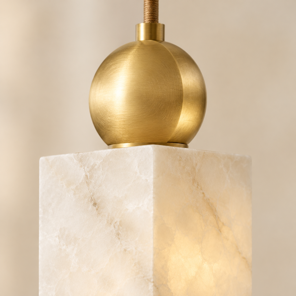 Staithes Alabaster-Effect Pendant Light – close-up of the veined shade and brass disc