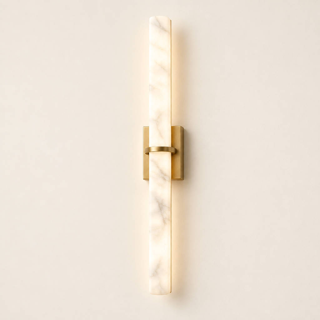 Stanway Alabaster-Effect Wall Light – switched on, studio view