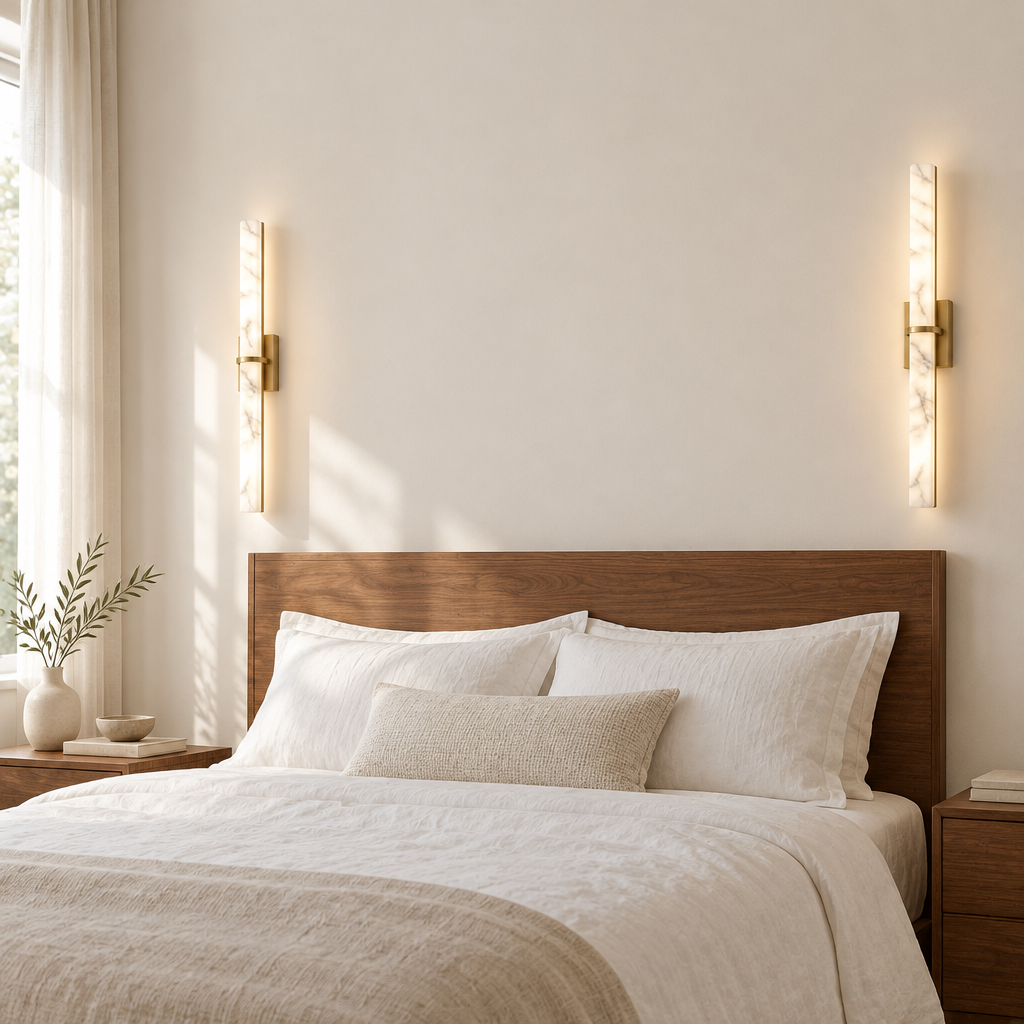 Stanway Alabaster-Effect Wall Light – a pair beside a bed