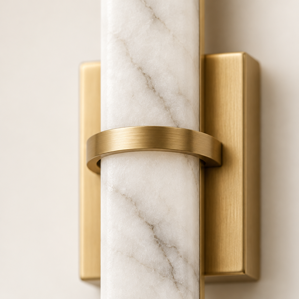 Stanway Alabaster-Effect Wall Light – close-up of the alabaster-look bar and gold ring