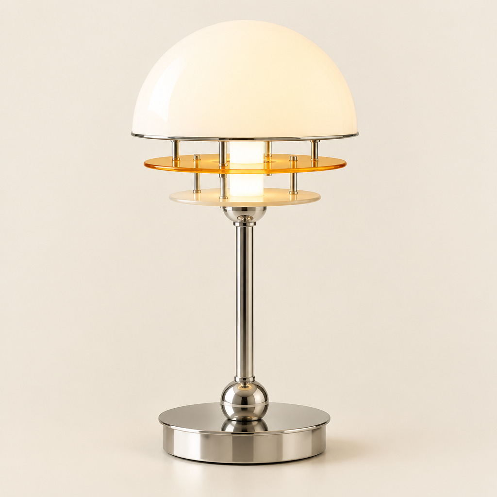 Thame Opal Dome Table Lamp – switched on, studio view