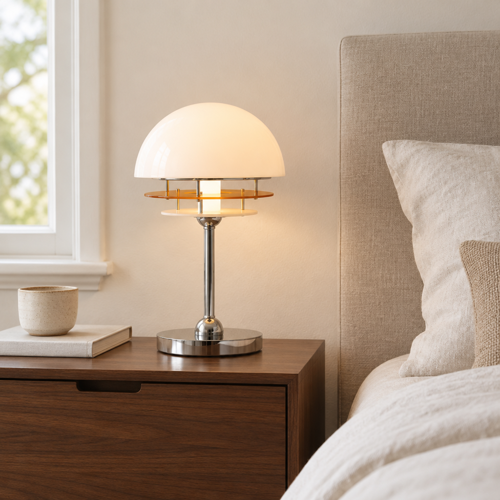 Thame Opal Dome Table Lamp – on a bedside table