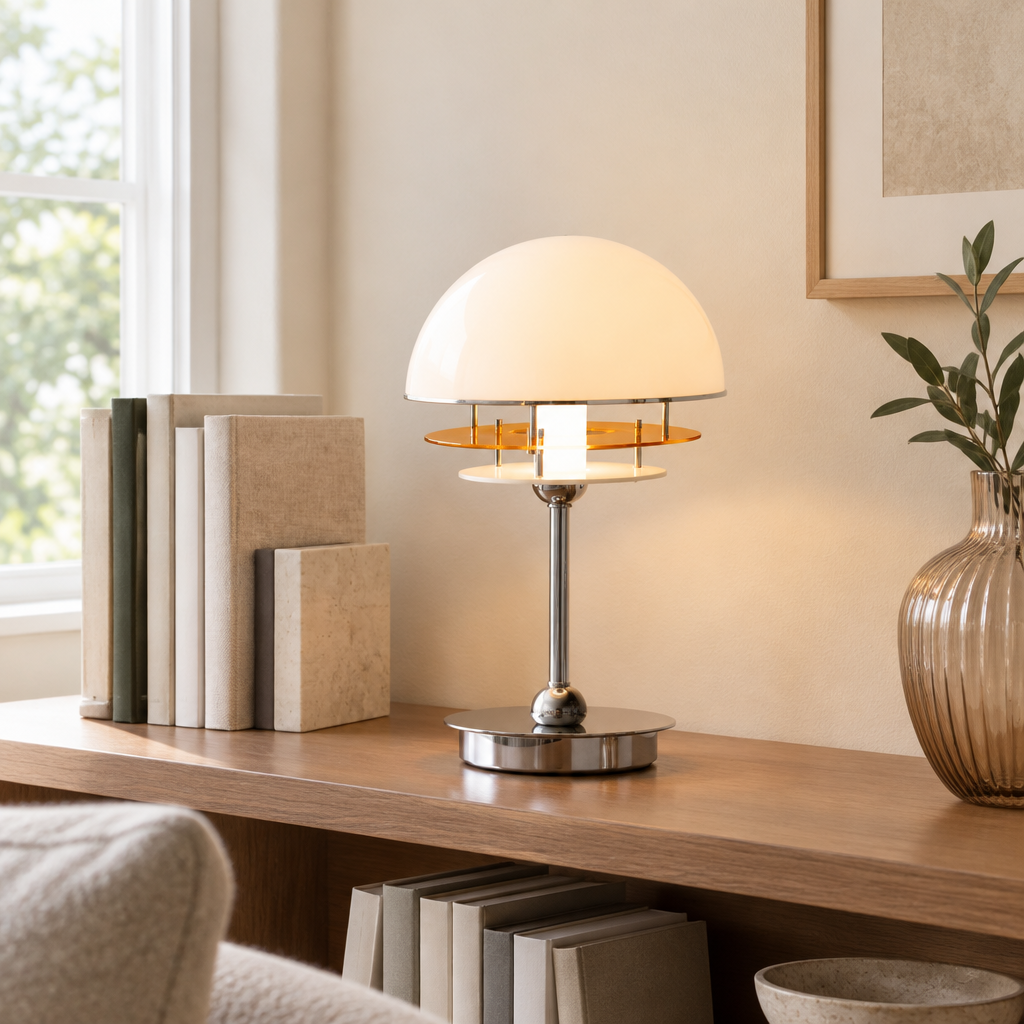 Thame Opal Dome Table Lamp – on a living room shelf
