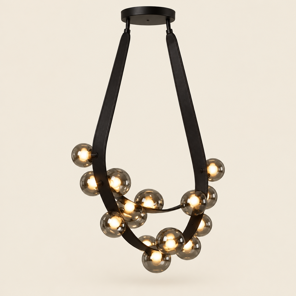 Tisbury Leather Strap Chandelier – switched on, studio view