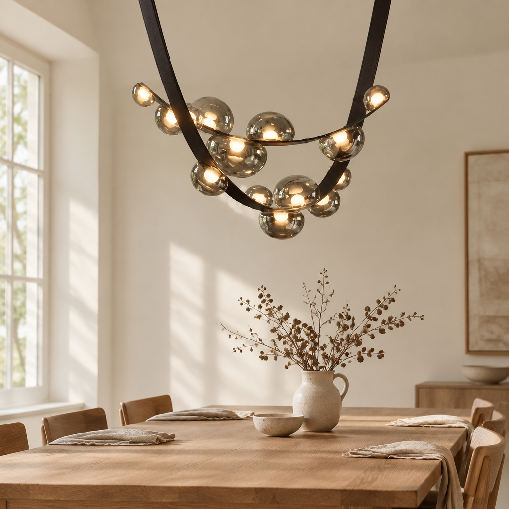 Tisbury Leather Strap Chandelier – above a dining table