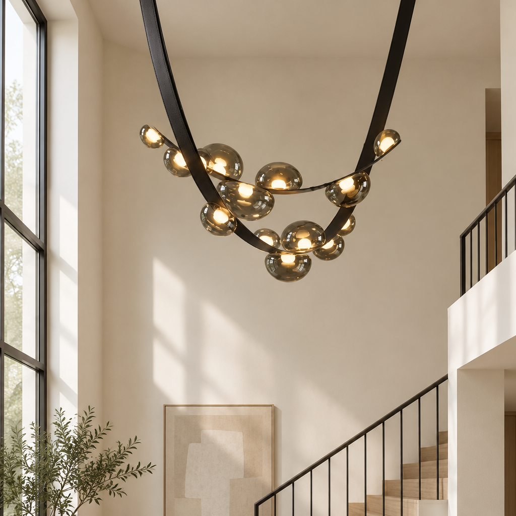 Tisbury Leather Strap Chandelier – draped across a stairwell