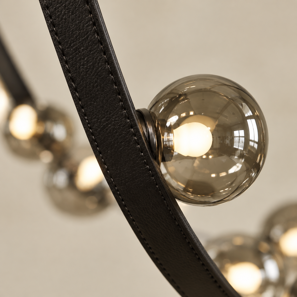 Tisbury Leather Strap Chandelier – close-up of a glass globe on the leather strap