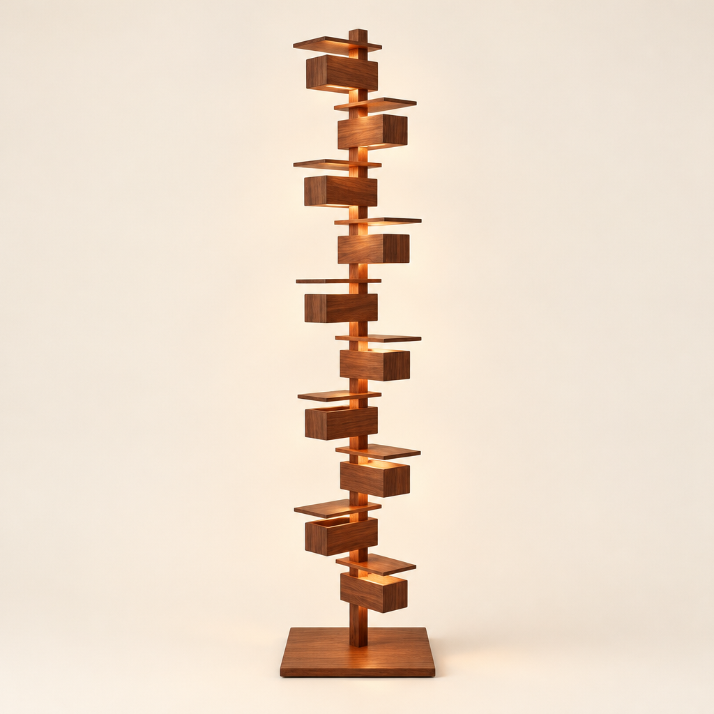 Tweed Walnut Floor Lamp – switched on, studio view