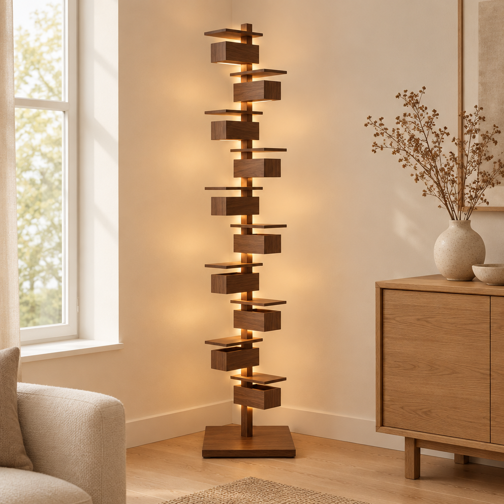 Tweed Walnut Floor Lamp – in the corner of a living room