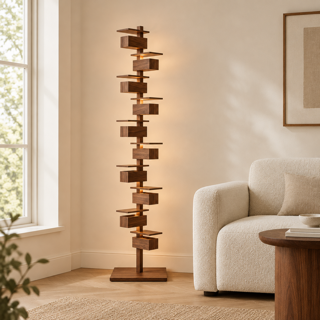 Tweed Walnut Floor Lamp – beside an armchair showing its height