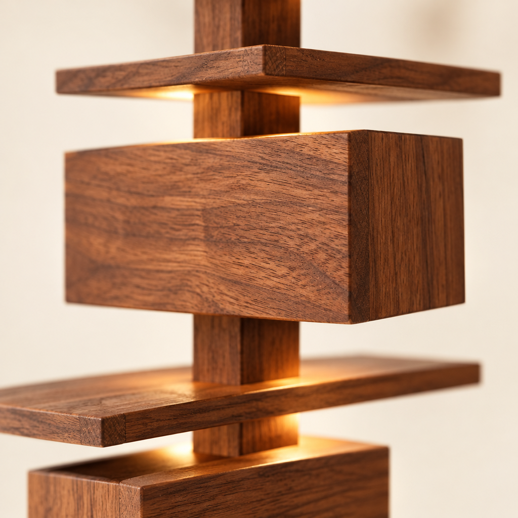 Tweed Walnut Floor Lamp – close-up of the walnut boxes and fins