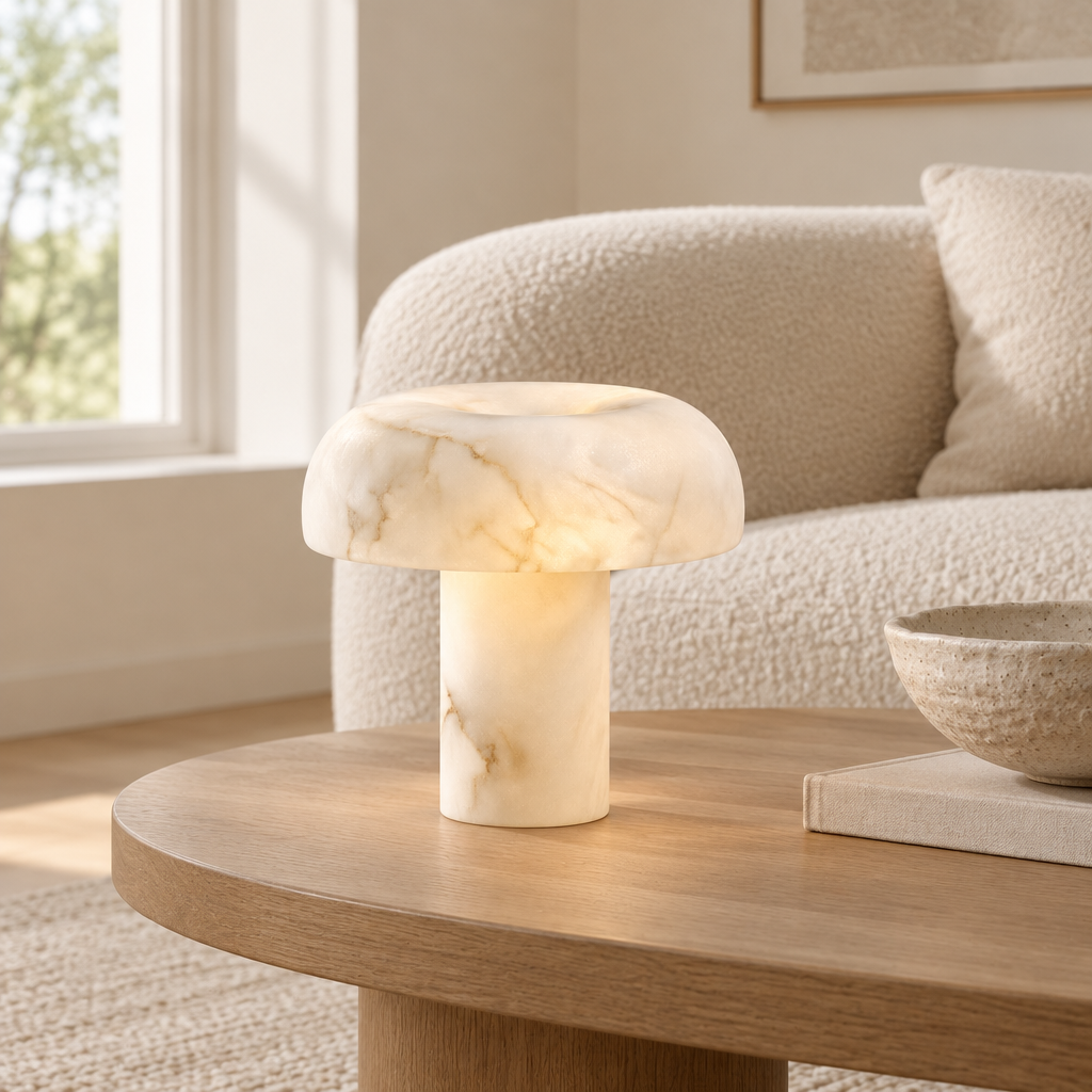 Wadham Alabaster-Effect Table Lamp – on a coffee table