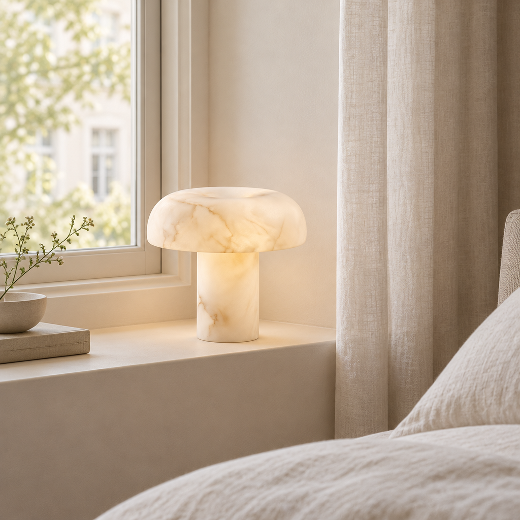 Wadham Alabaster-Effect Table Lamp – on a bedroom windowsill