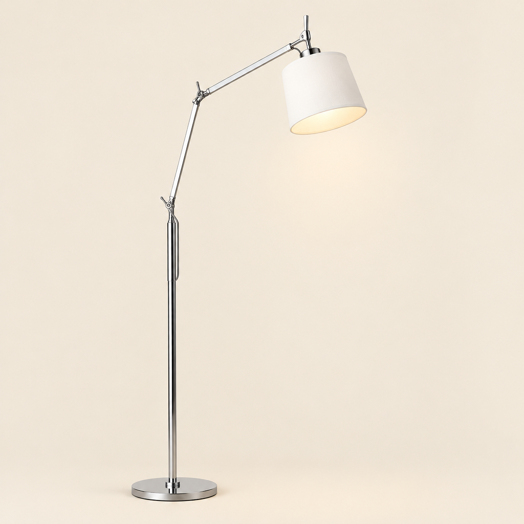 Wensley Swing-Arm Fabric Floor Lamp – studio photo, lit, on a cream background