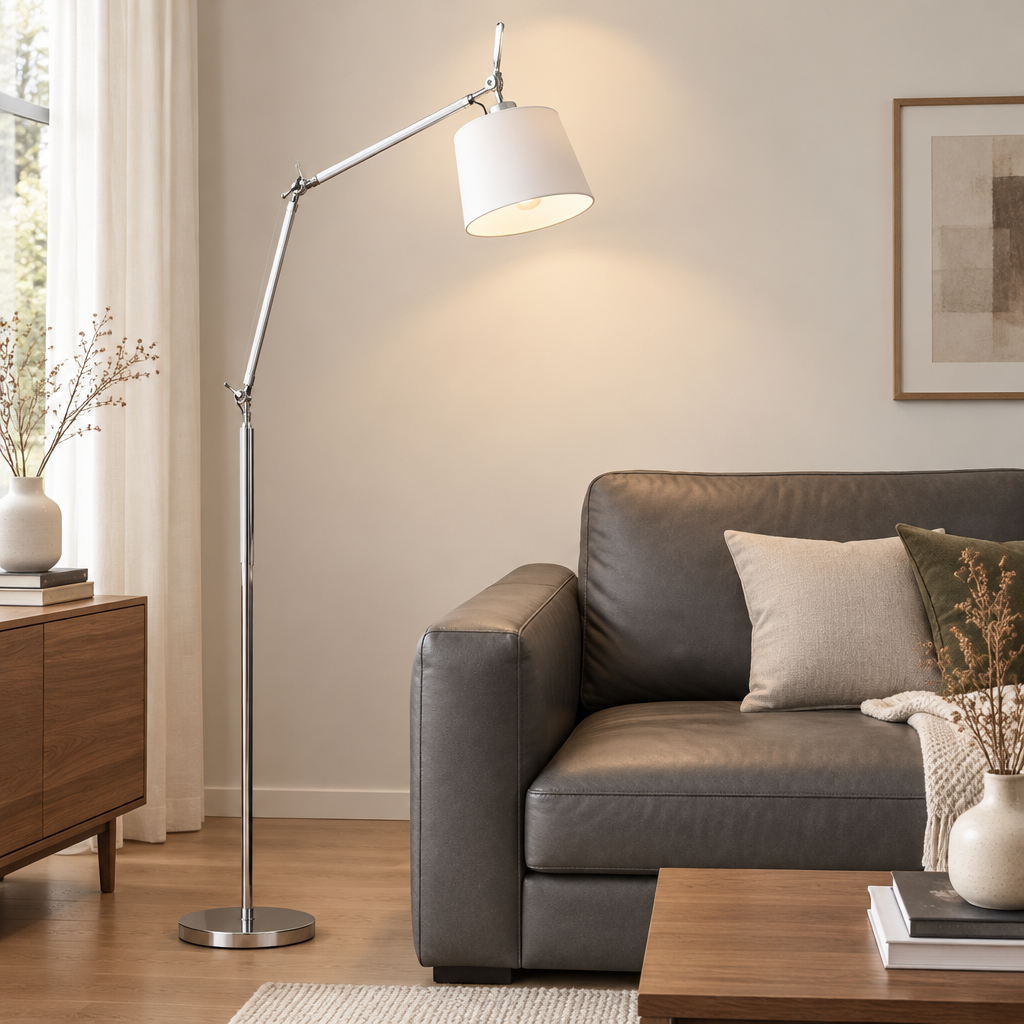 Wensley Swing-Arm Fabric Floor Lamp – angled over a sofa