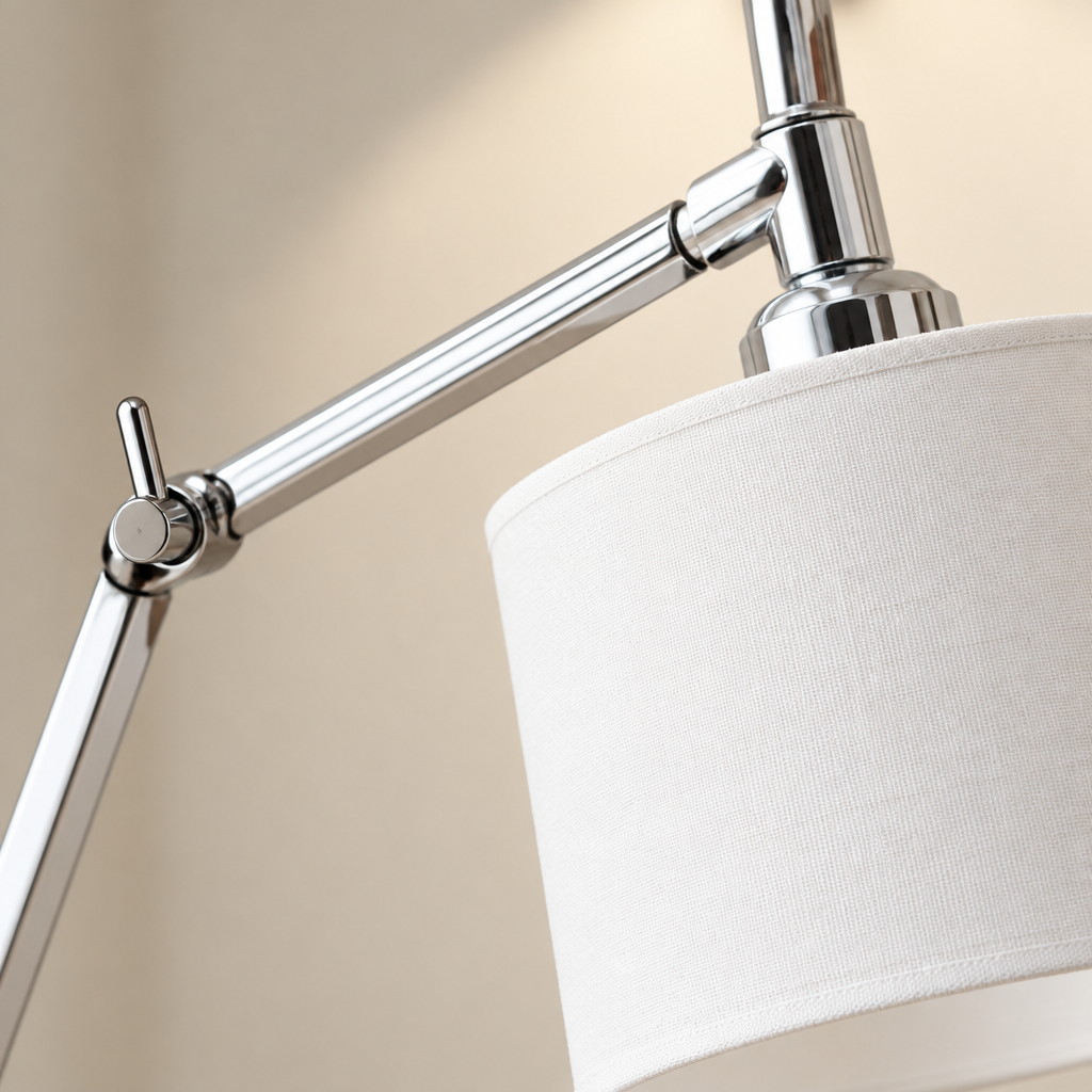 Wensley Swing-Arm Fabric Floor Lamp – close-up of the chrome joint and fabric shade
