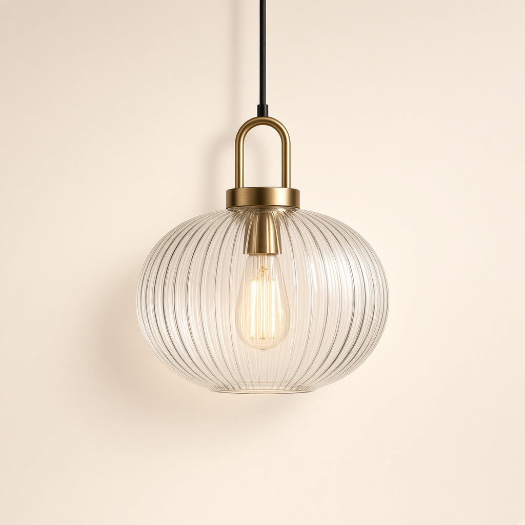 Westbury Ribbed Glass Pendant Light – studio photo, lit, on a cream background