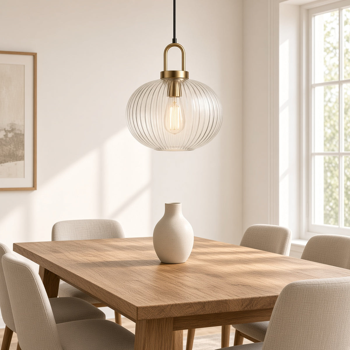 Westbury Ribbed Glass Pendant Light – over an oak dining table