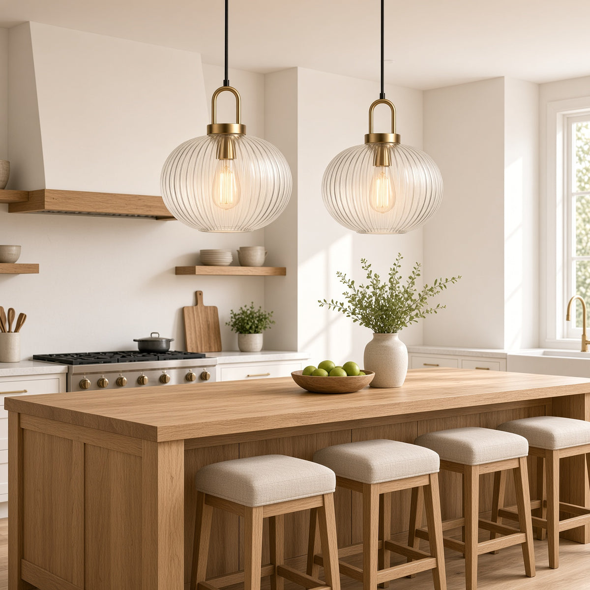 Westbury Ribbed Glass Pendant Light – two over a kitchen island