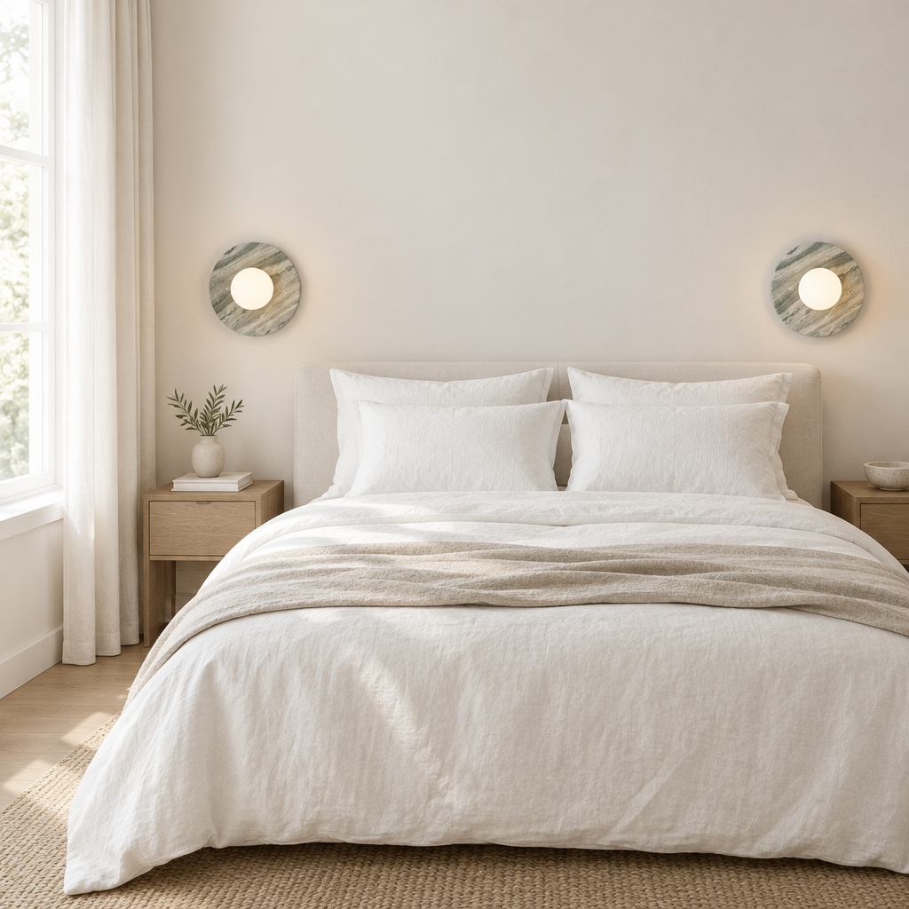 Whitby Marble-Effect Wall Light – a pair beside a bed
